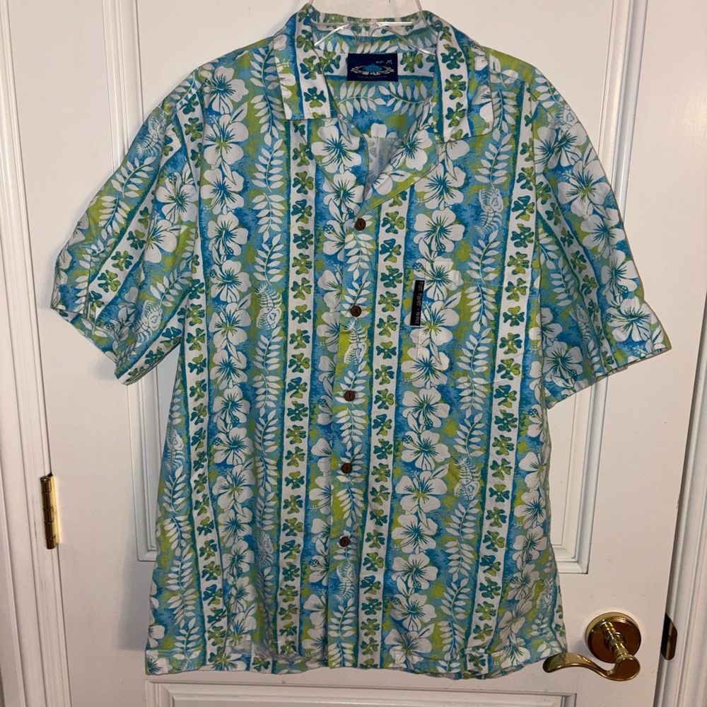 Blue Planet Men’s 100% Cotton Hawaiian Floral Button-Down Shirt - Blue & Green